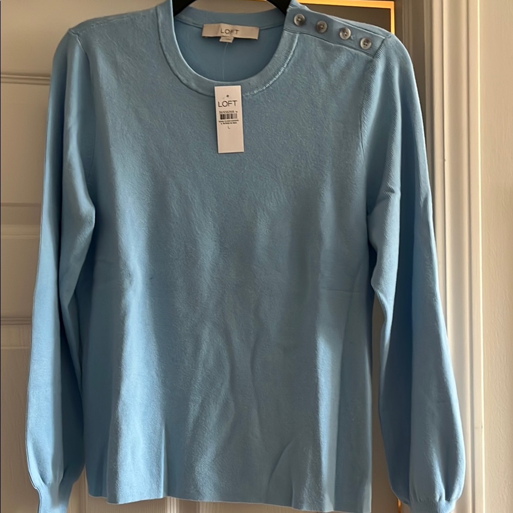 LOFT Large Light Blue Button Shoulder Sweater